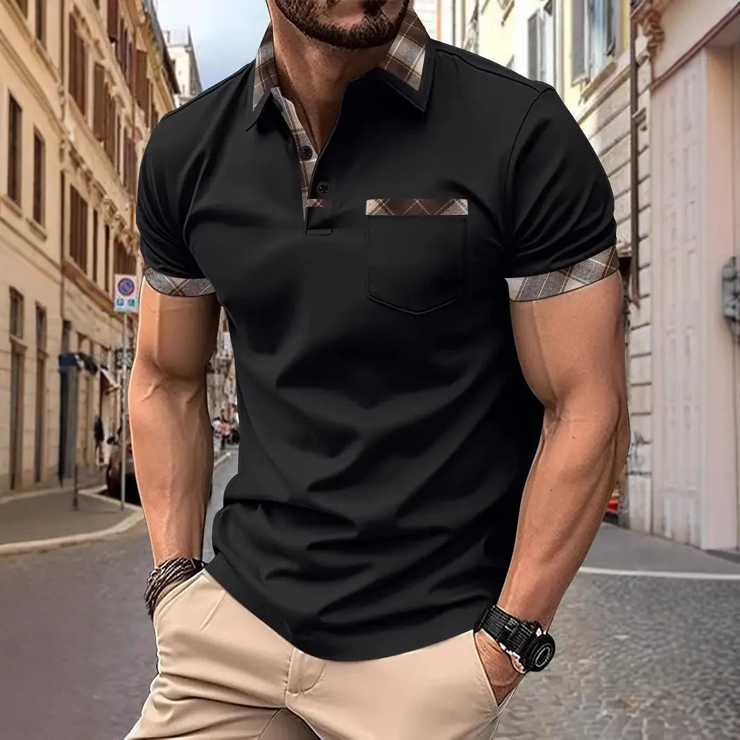 Men's plaid colourblock t-shirt with zipper decorations in loose fit polyester fabric