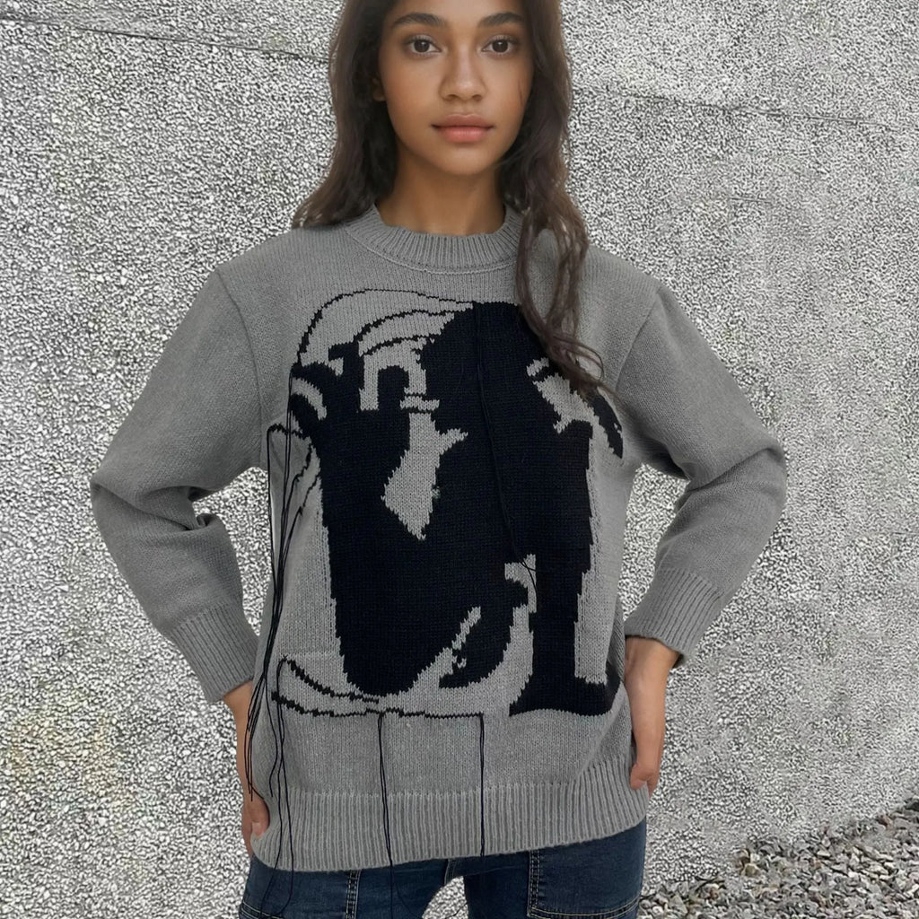 Women's grey Alpaca wool sweater with tassel detailing and abstract pattern in loose street fashion style