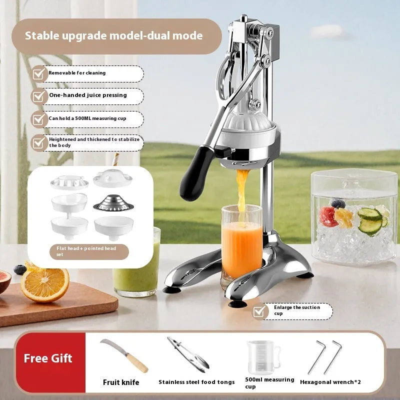 Stainless steel manual orange juicer with quick-disassembly design on countertop