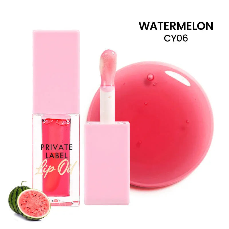 Set of six transparent lip gloss tubes in shades Bird of Paradise, Cherry, Coral, Mango, Strawberry, Watermelon