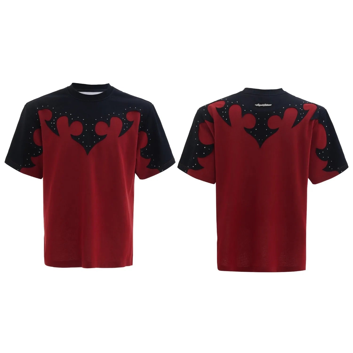 Men's grey cotton t-shirt with three-dimensional stitching and burnt flower rhinestone design