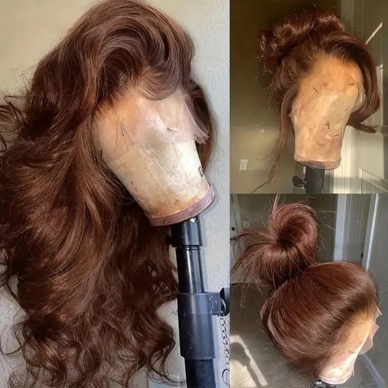 Dark brown long curly front lace wig with side bangs on a model.