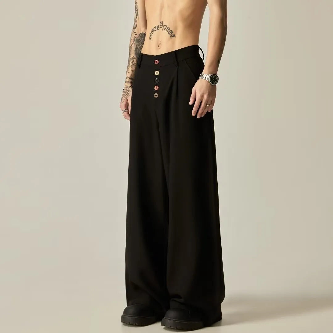 Men's black wide-leg tube trousers with button fly and straight-leg design on hanger