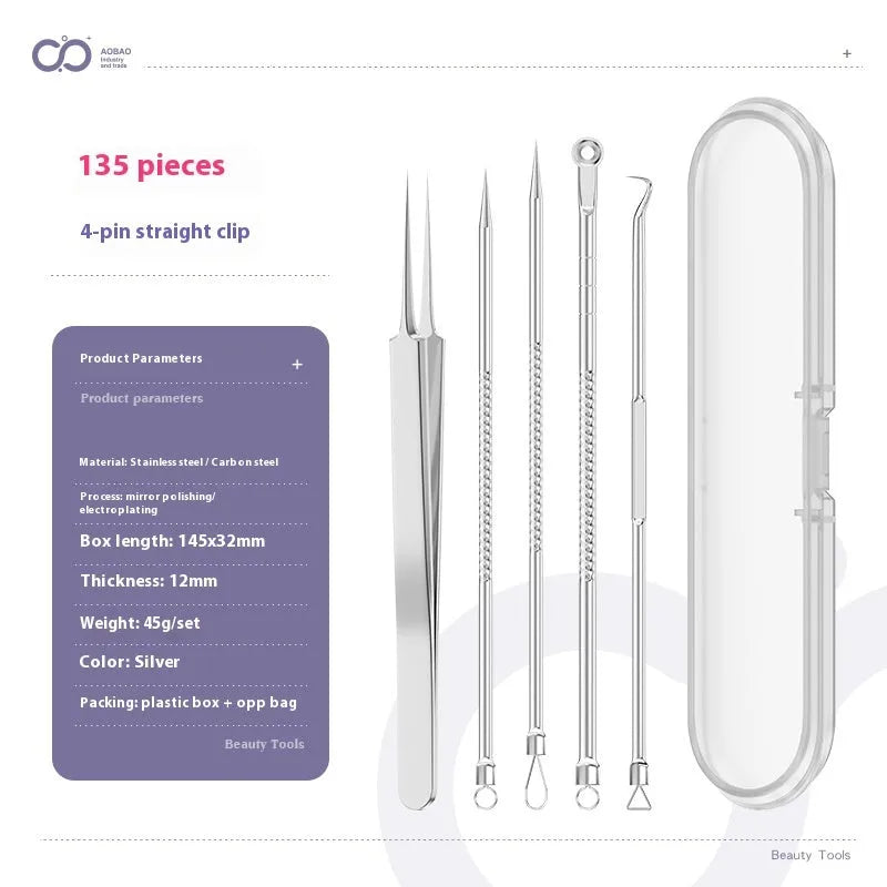 Four-piece metal acne needle set with ultra-fine pointed tips for blackhead removal