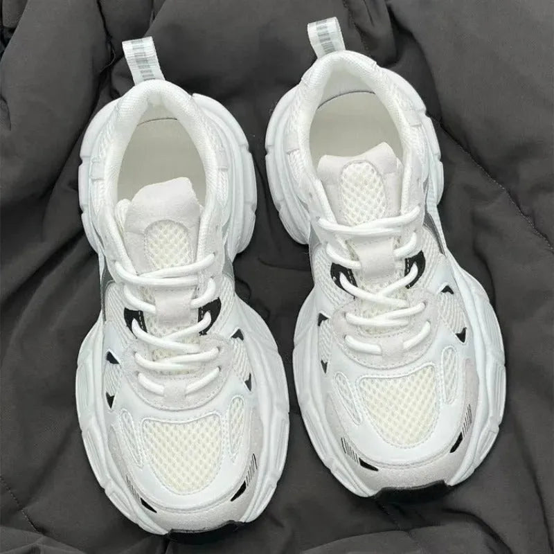 Beige mesh platform sports shoes with a wedge heel and front lace-up design