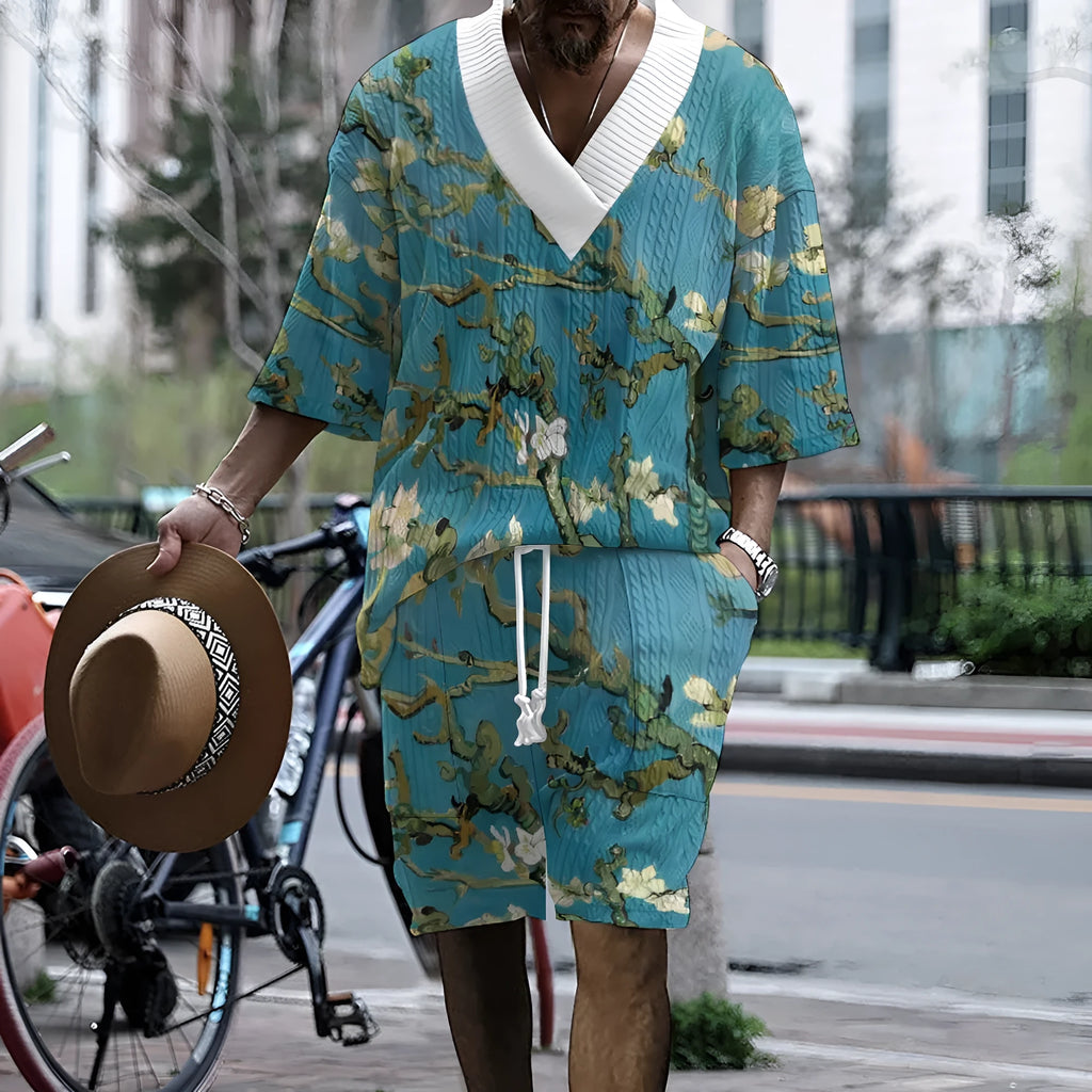 Men's peacock blue casual suit with 3D printed design on knitted shorts and matching T-shirt
