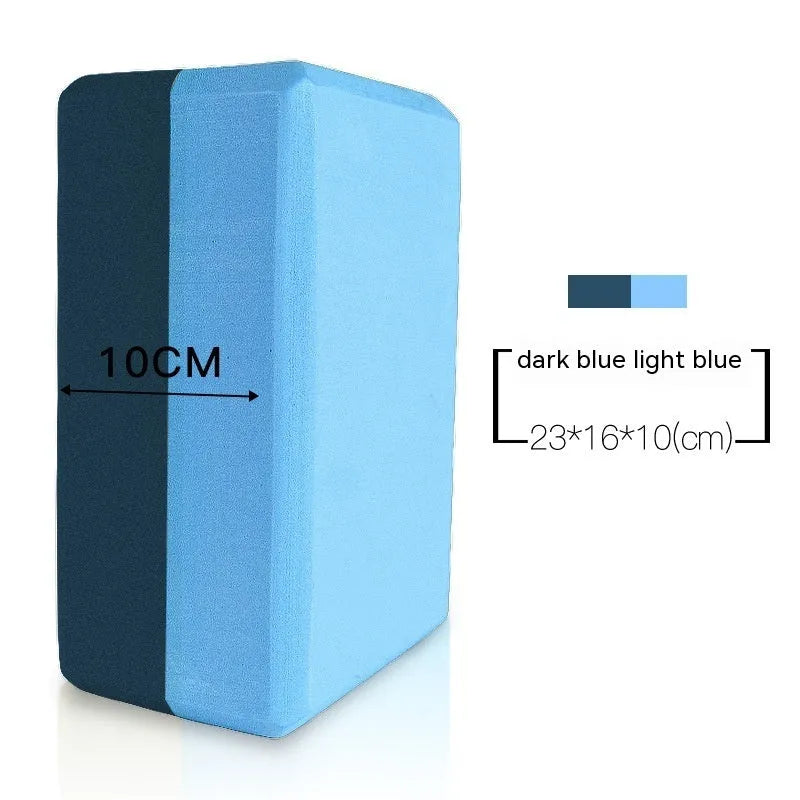 High-density EVA yoga block in violet colour next to a pink block with a cartoon print design.