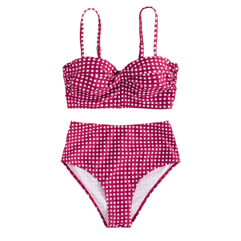 Women's plaid high-waisted bikini swimsuit in multiple colours with separate top and bottom pieces