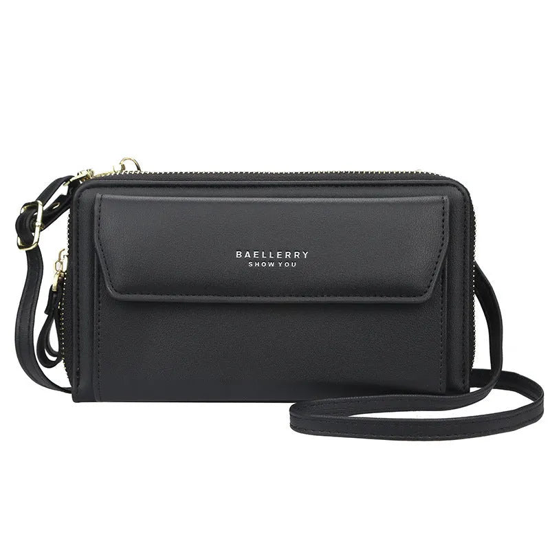 Soft PU leather long wallet with double zip closure in horizontal square shape showing colour options
