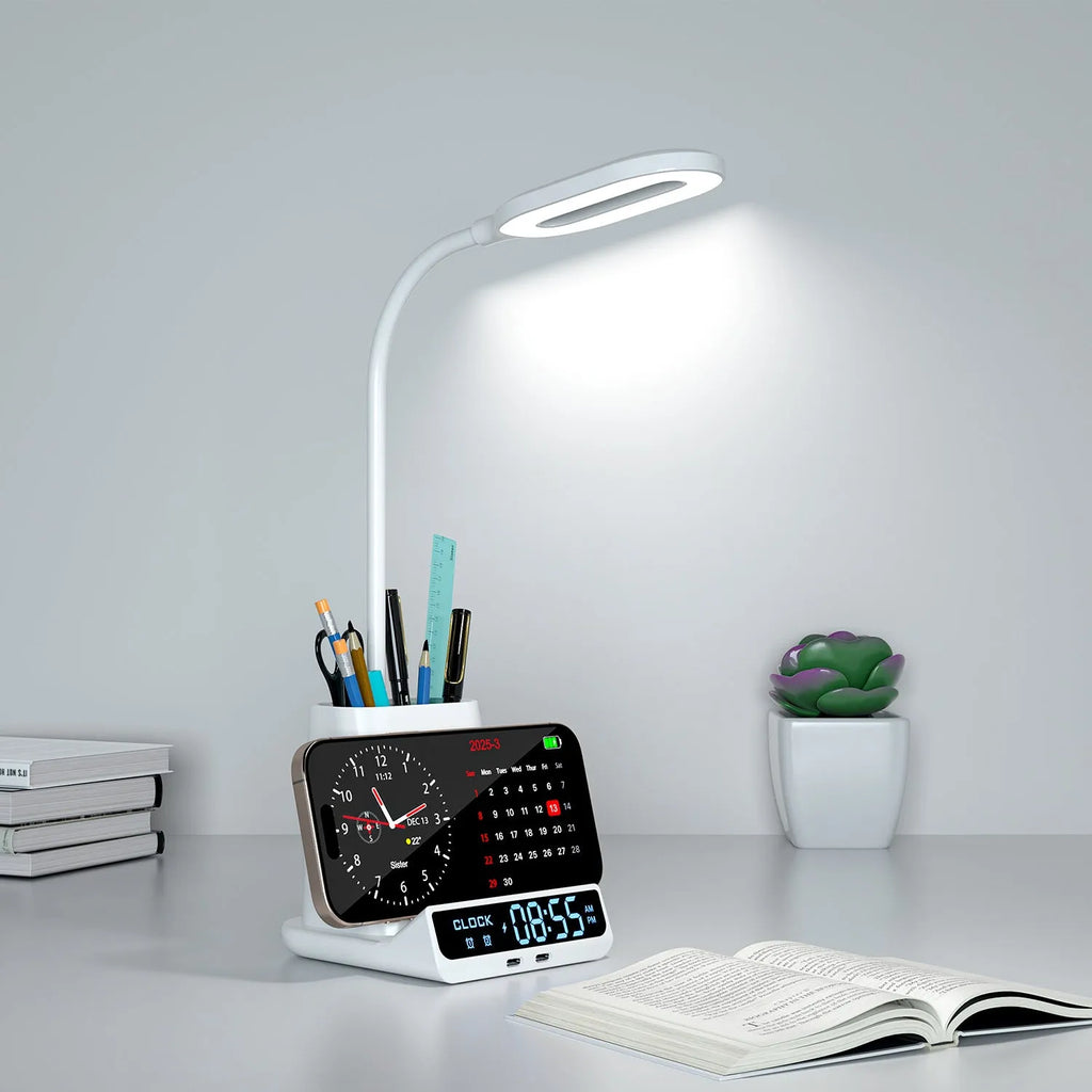 Modern desk lamp with wireless charging pad, pen holder, and LED clock display