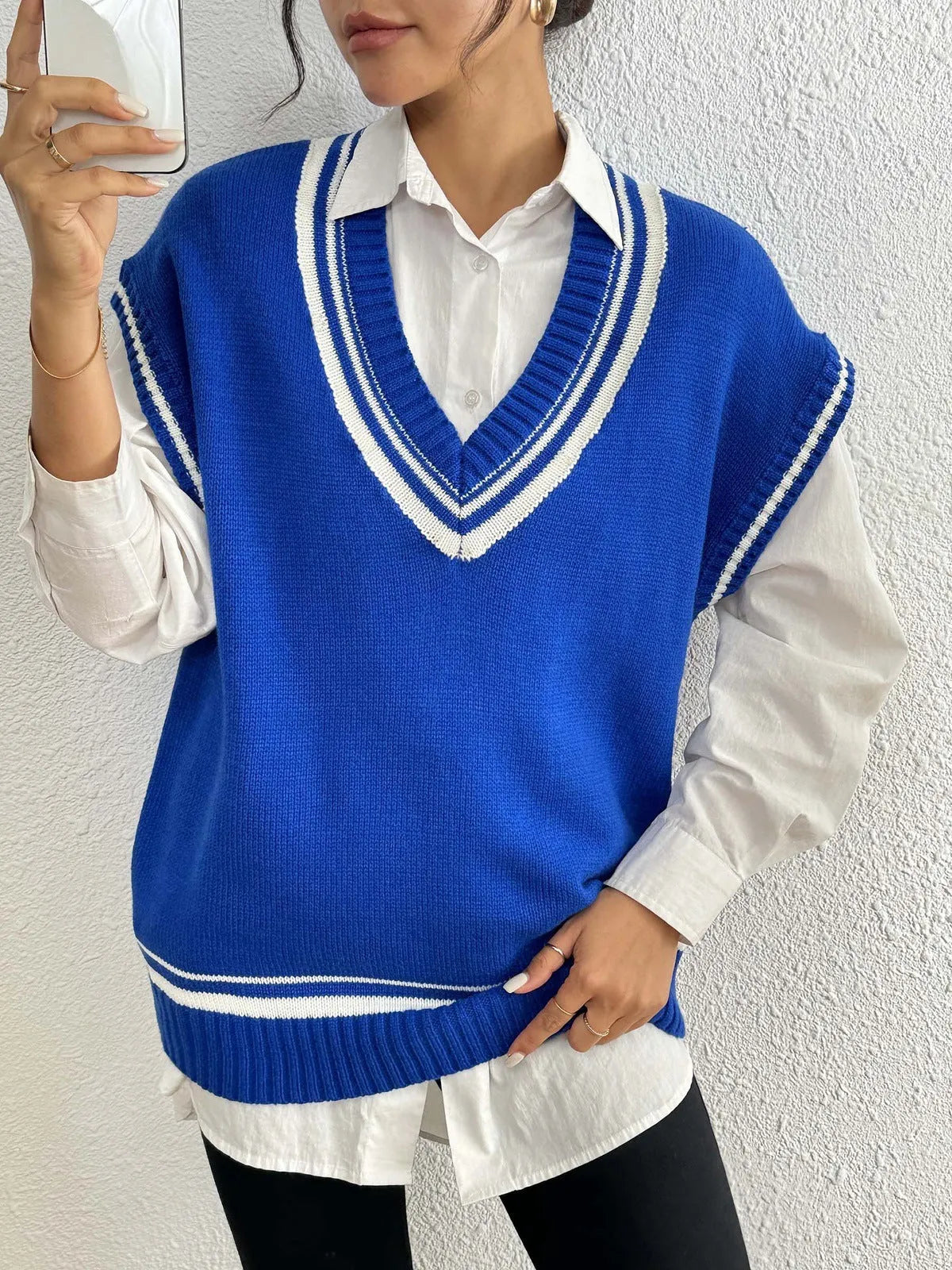 Women's loose college-style acrylic vest sweater in blue, coffee or black colours