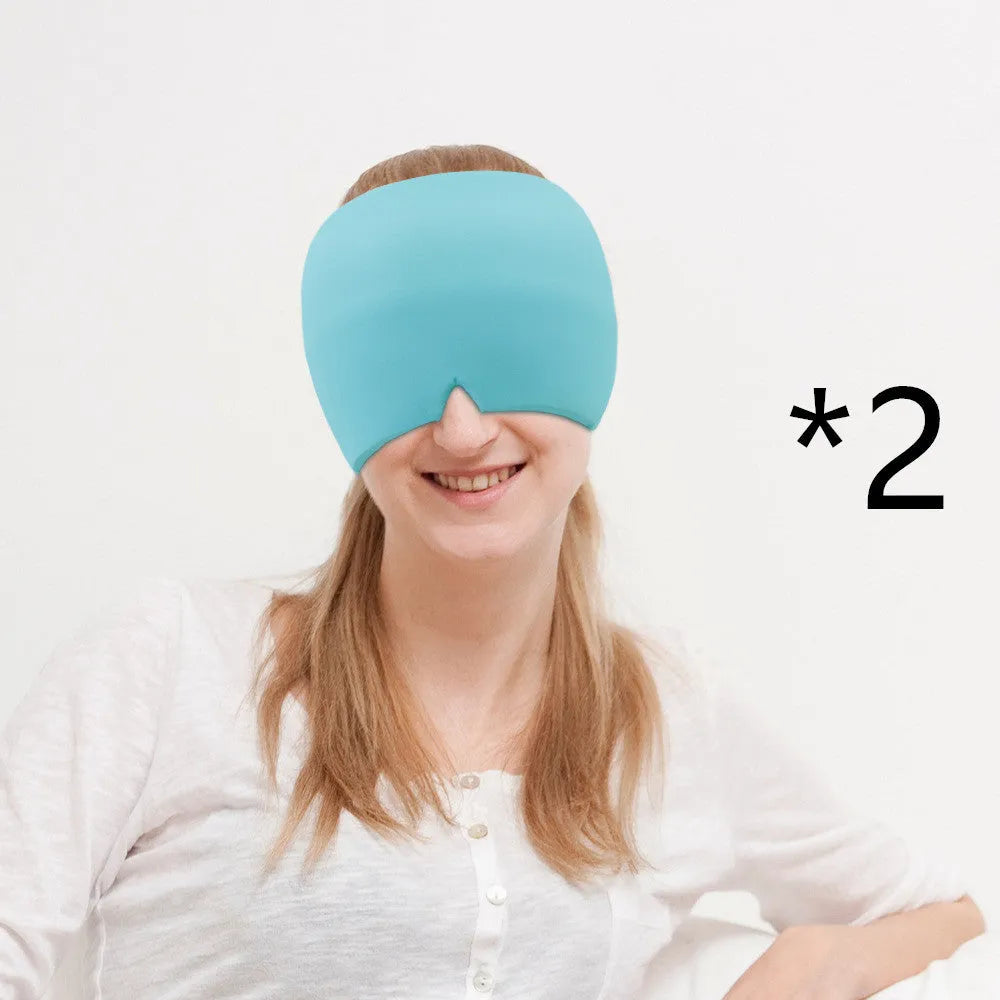 Black adjustable cold compress gel eye mask for headache relief on a plain background.
