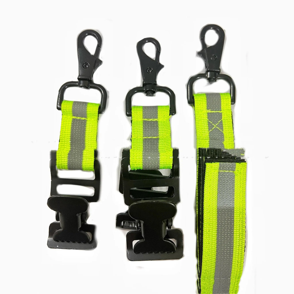 Fluorescent green metal safety glove clip with reflective tape for PPE organisation.
