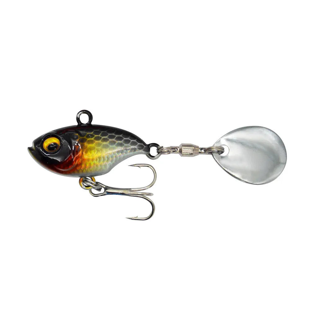 Metal sea fishing lure with rotating sequins in gold colour pattern