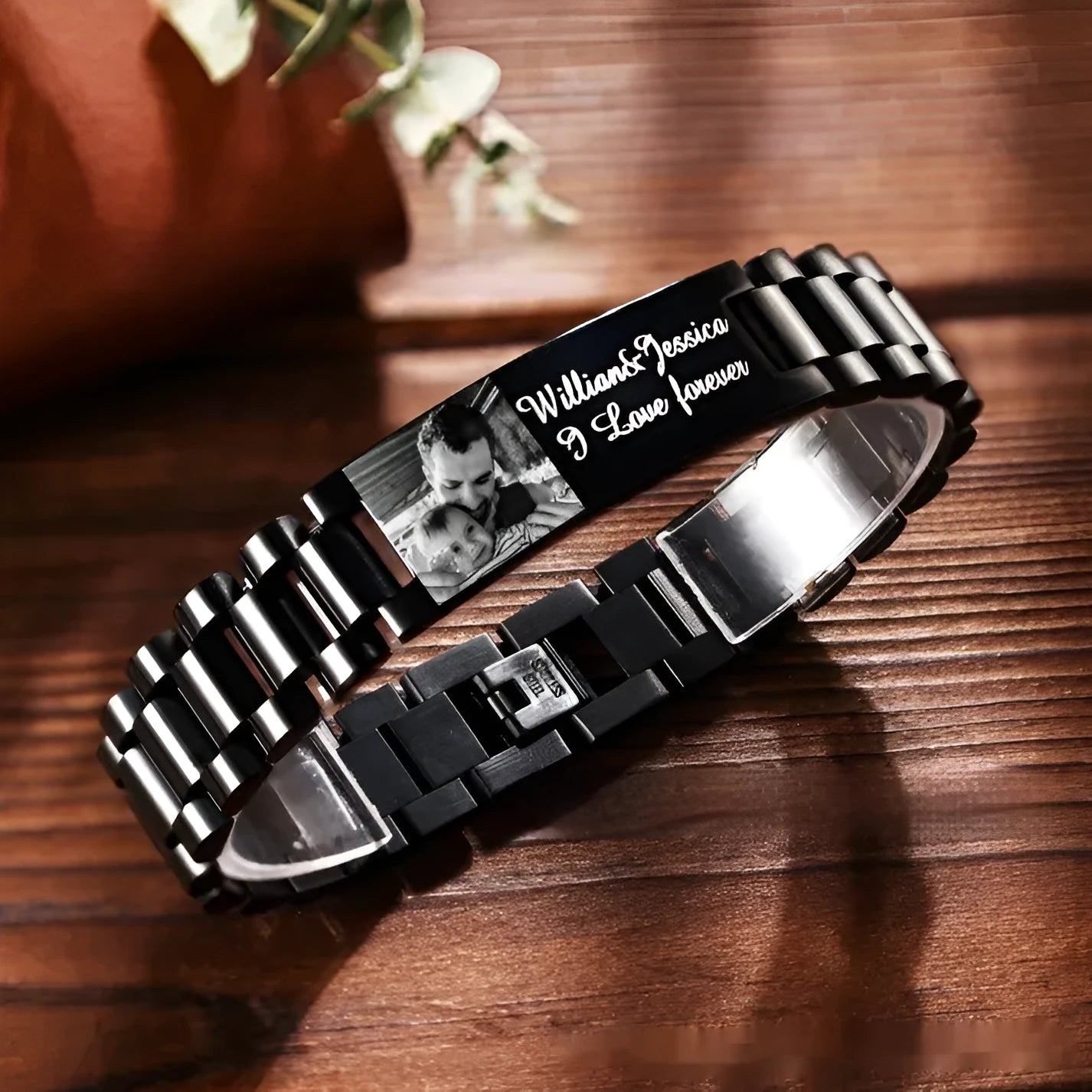 Titanium steel bracelet with lettering on curved piece, heart shape design in black or grey finish