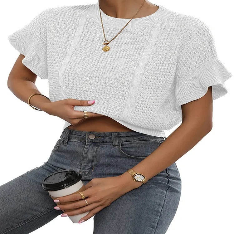 Twisted string detail and ruffled short sleeves on a loose-fit round neck knitted pullover sweater.