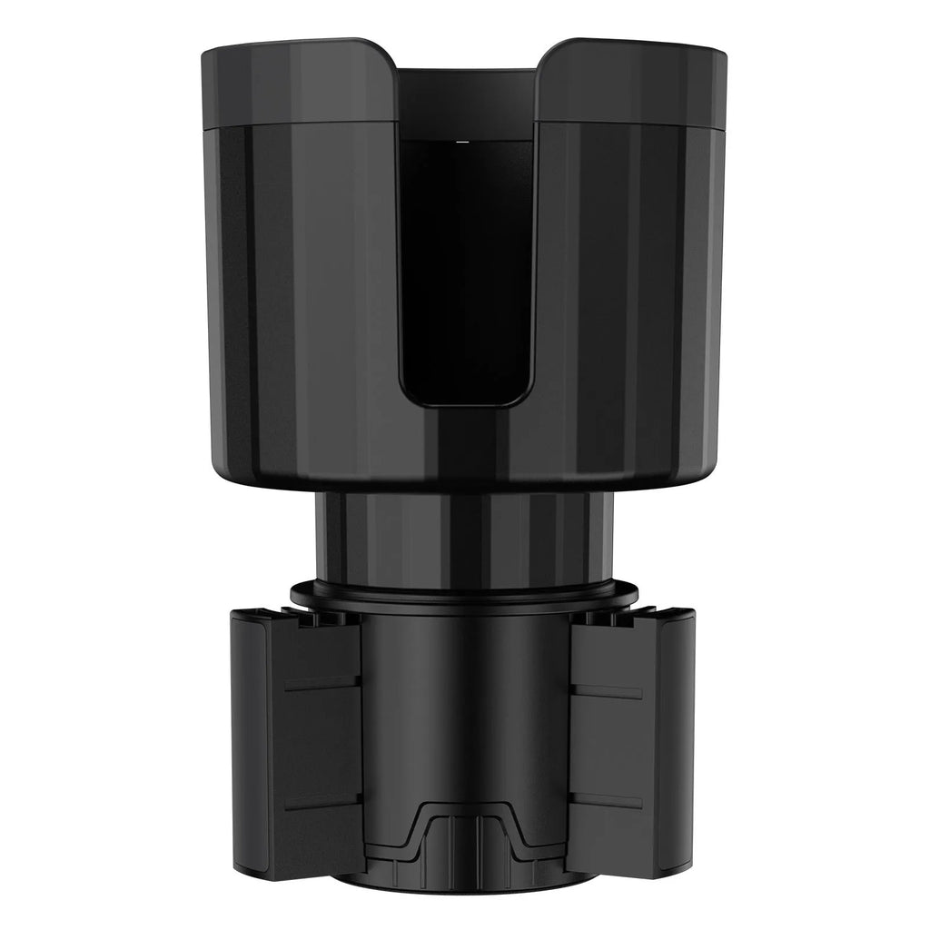 Matte black adjustable car cup holder expander for extra large bottles and cups.