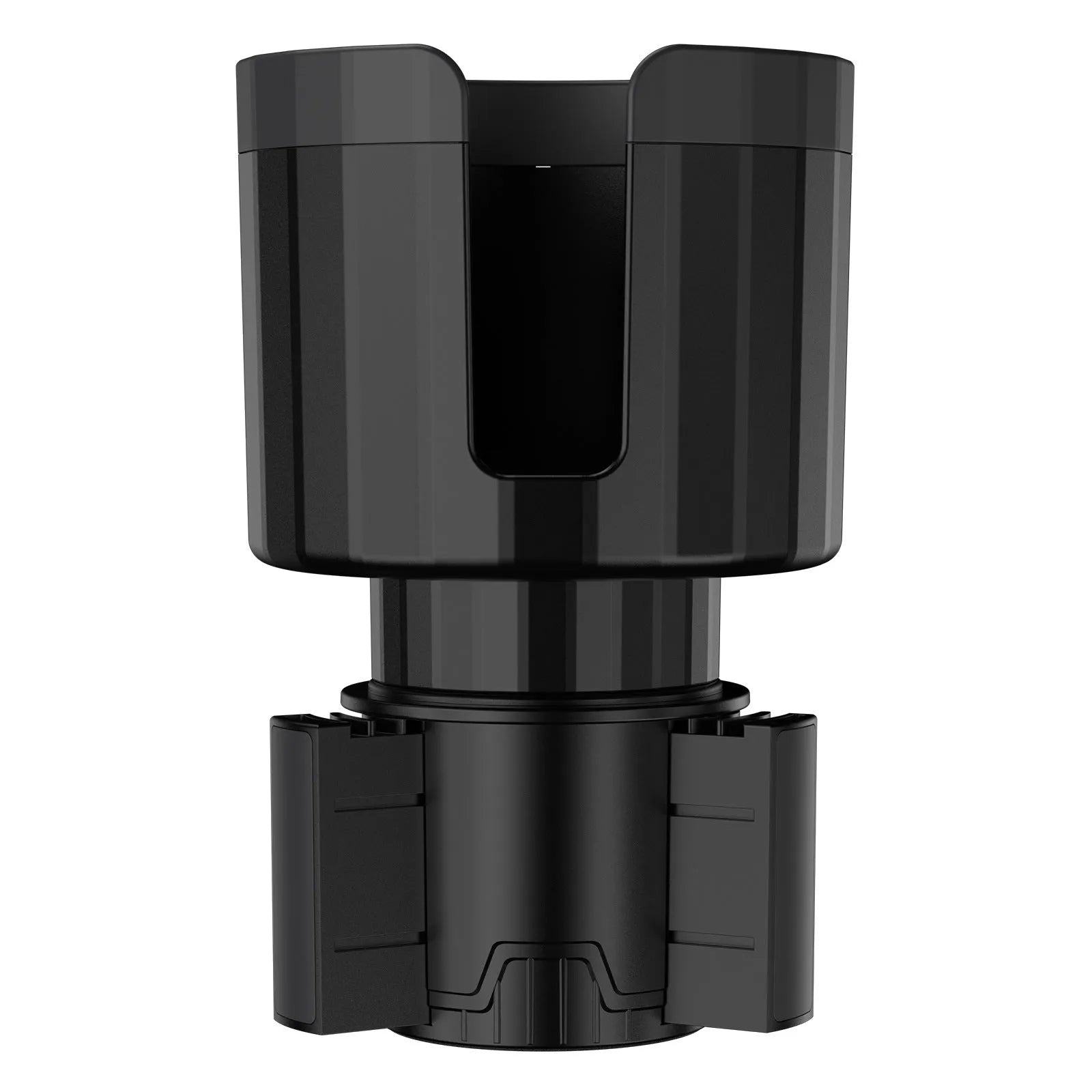 Matte black adjustable car cup holder expander for extra large bottles and cups.