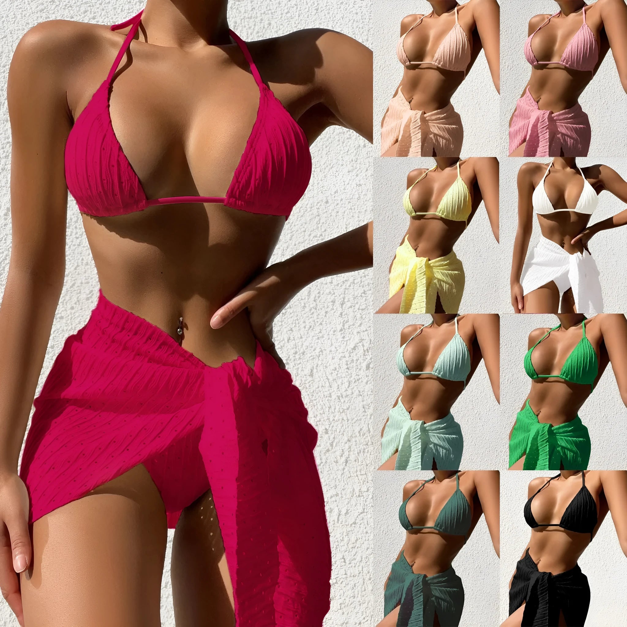 Women's halterneck swimsuit bikini set with mesh skirt in solid colours black, emerald, pink, red, white, yellow.