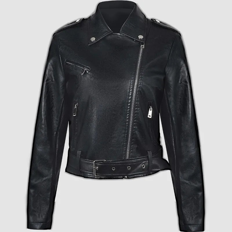 Women's black PU leather motorcycle jacket with lapel collar and short belt detail