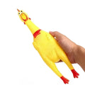 Yellow rubber screaming chicken dog chew toy showing three size options: small, medium, and large