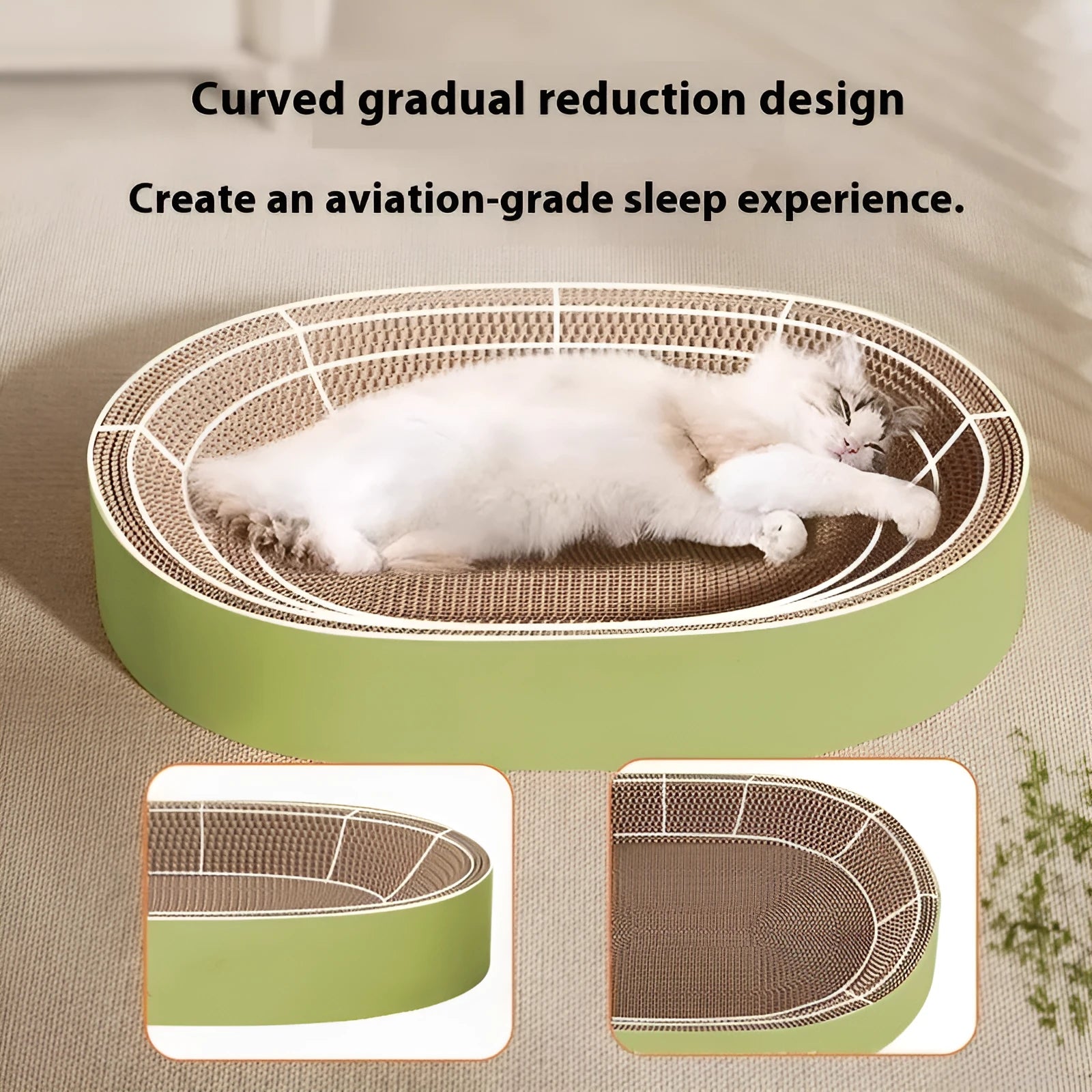 Green oval corrugated paper cat scratch board and nest measuring 55 cm in diameter