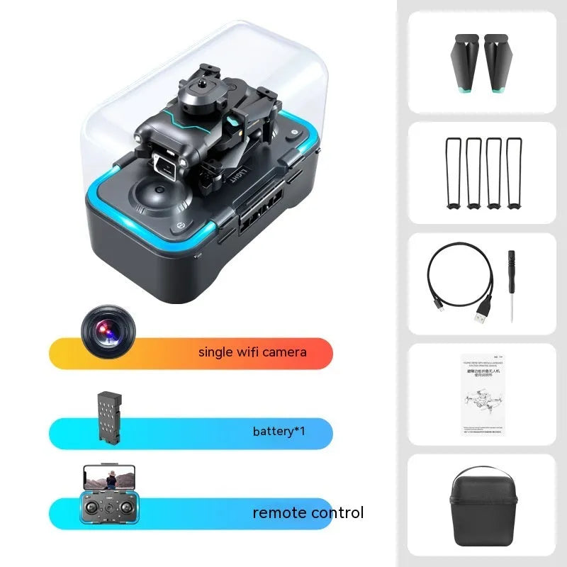 Four-axis aerial photography drone with obstacle avoidance sensors and camera, measuring under 30cm
