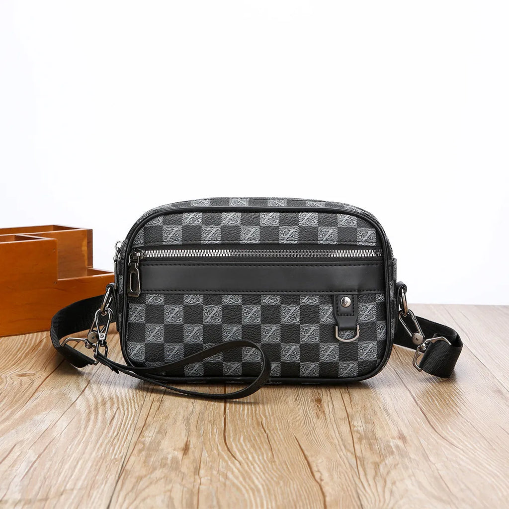 Men's geometric pattern PU leather messenger bag in horizontal handheld design with large capacity