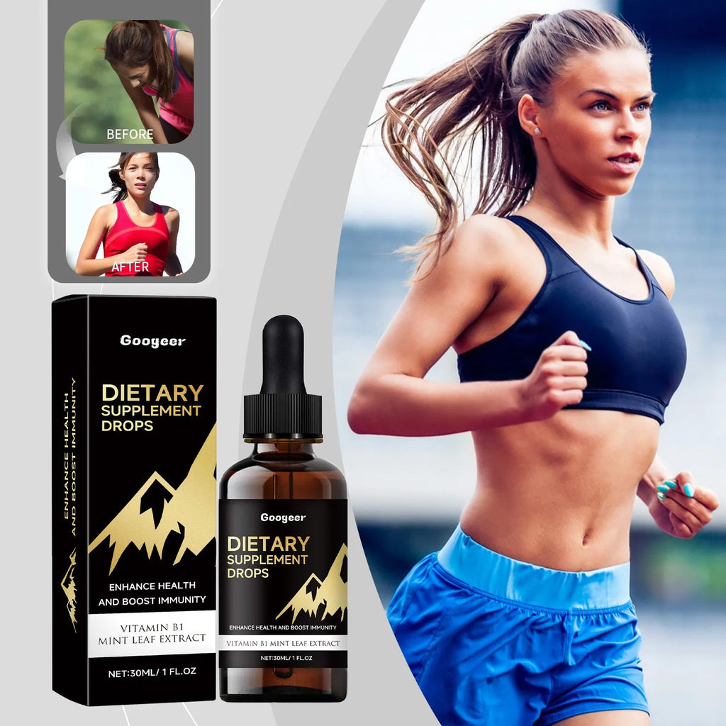 Bottle of dietary supplement drops with dropper for measured liquid nutrition servings