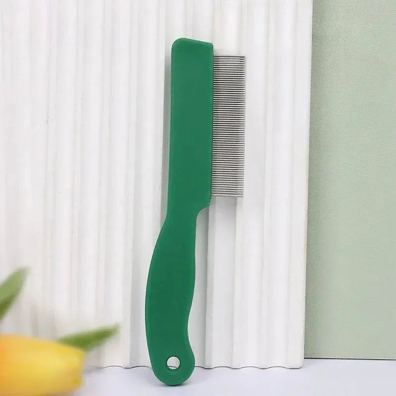 Green pet flea comb with stainless steel pins on plastic handle for dog and cat grooming