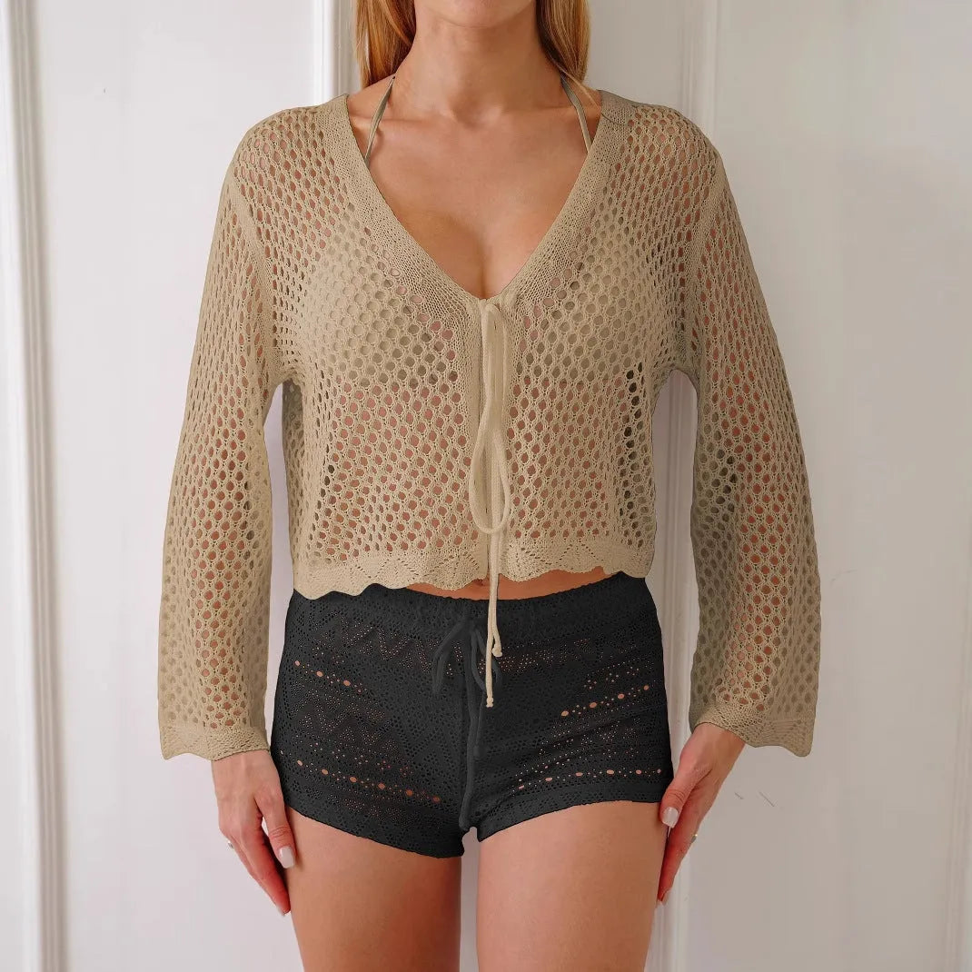 Women's cotton-like cardigan blouse with hollow woven fabric and bell sleeves in apricot colour
