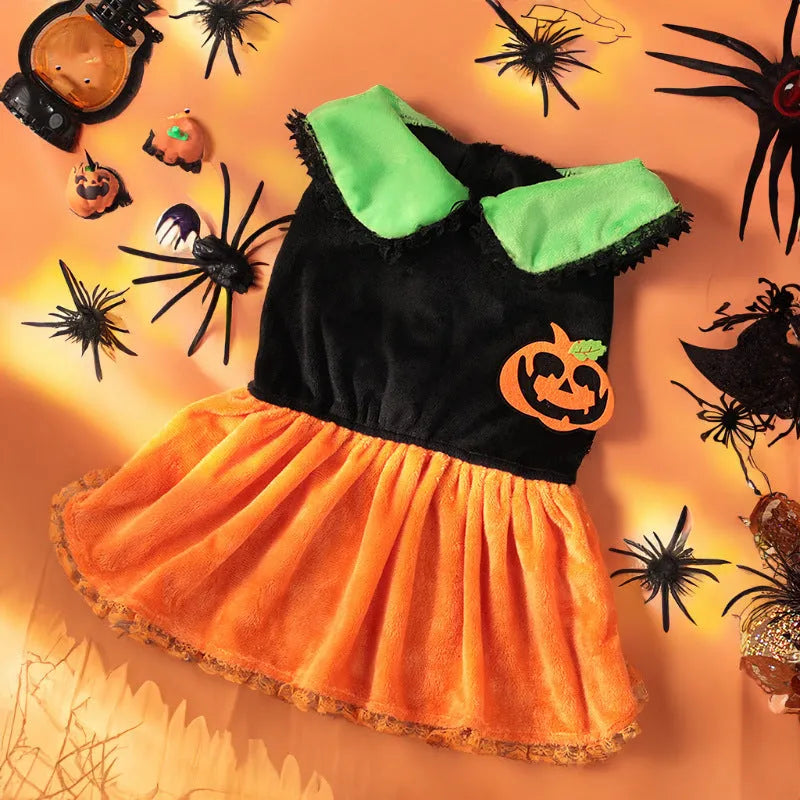 Halloween pumpkin skirt pet costume for small dog or cat in crystal velvet material