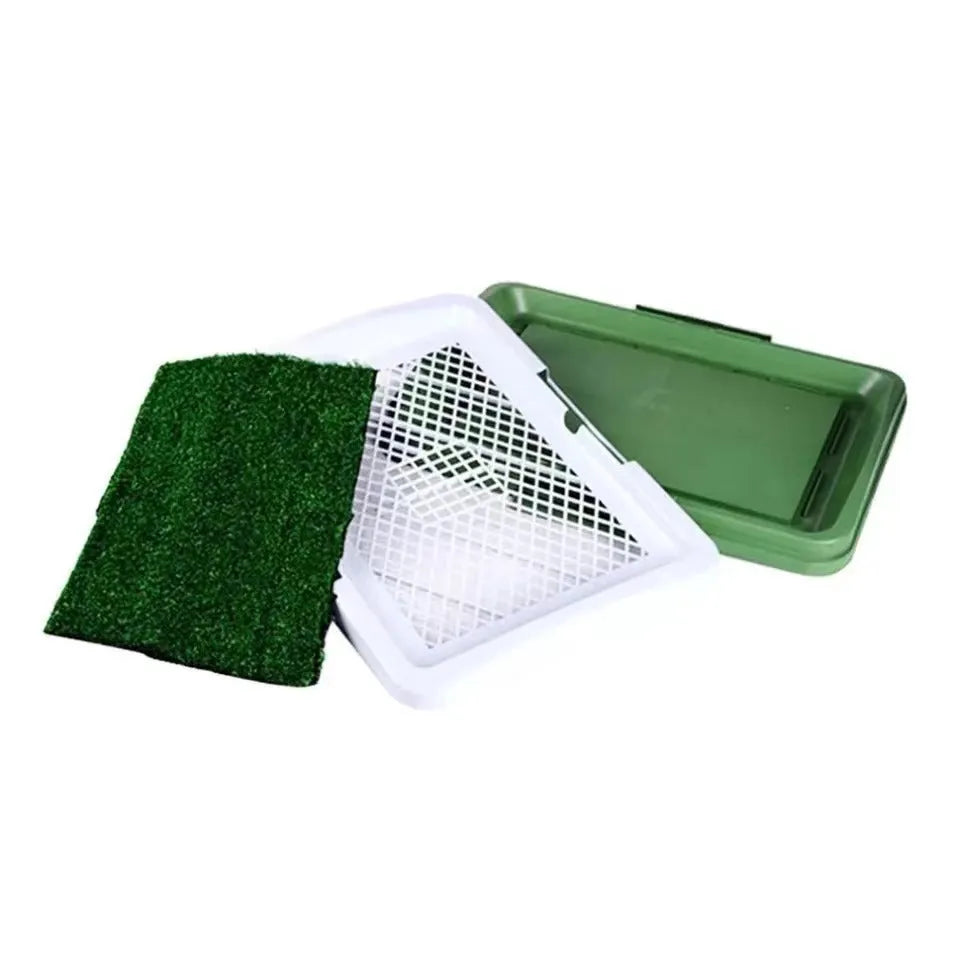 Green synthetic turf dog grass patch toilet with three-layer construction for indoor pet training