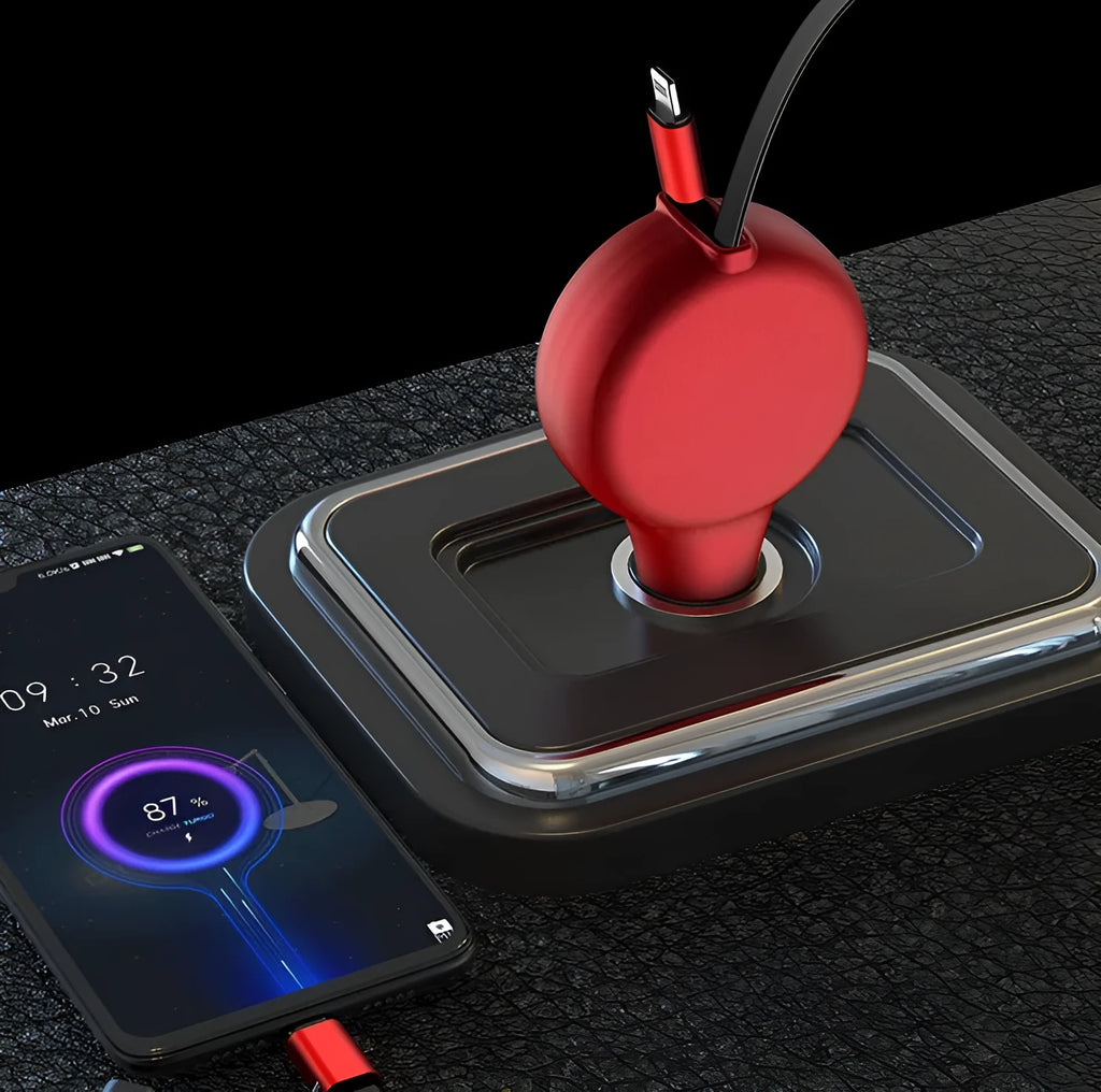 Black retractable car charger showing Type-C and iPhone charging ports with retracted cables