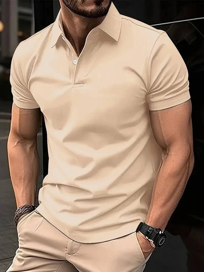 Men's solid colour slim fit short sleeve casual shirt with button front on a hanger.