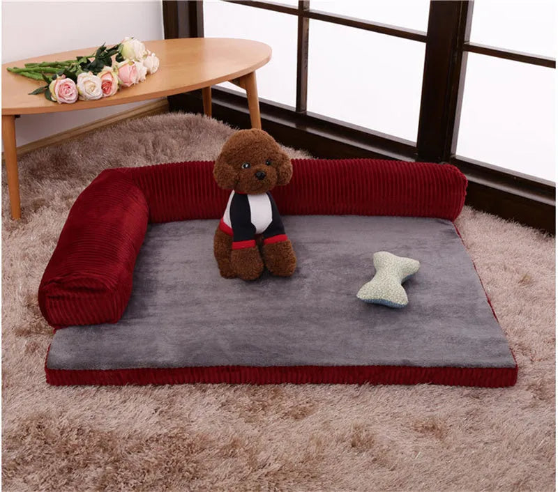 Corduroy pet sofa dog bed in grey, showing bilateral raised edges and non-slip base.