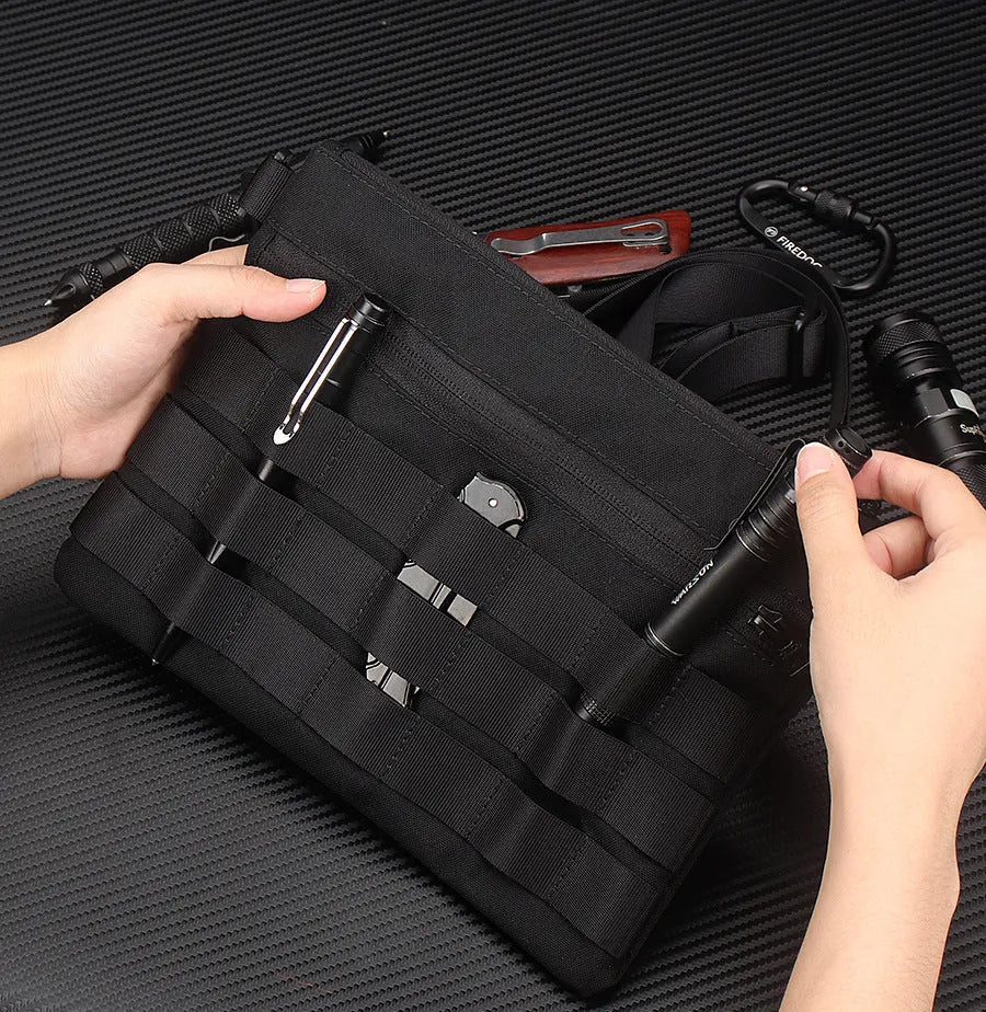 Black Oxford cloth outdoor waist bag showing compact 18 by 3.5 cm size.
