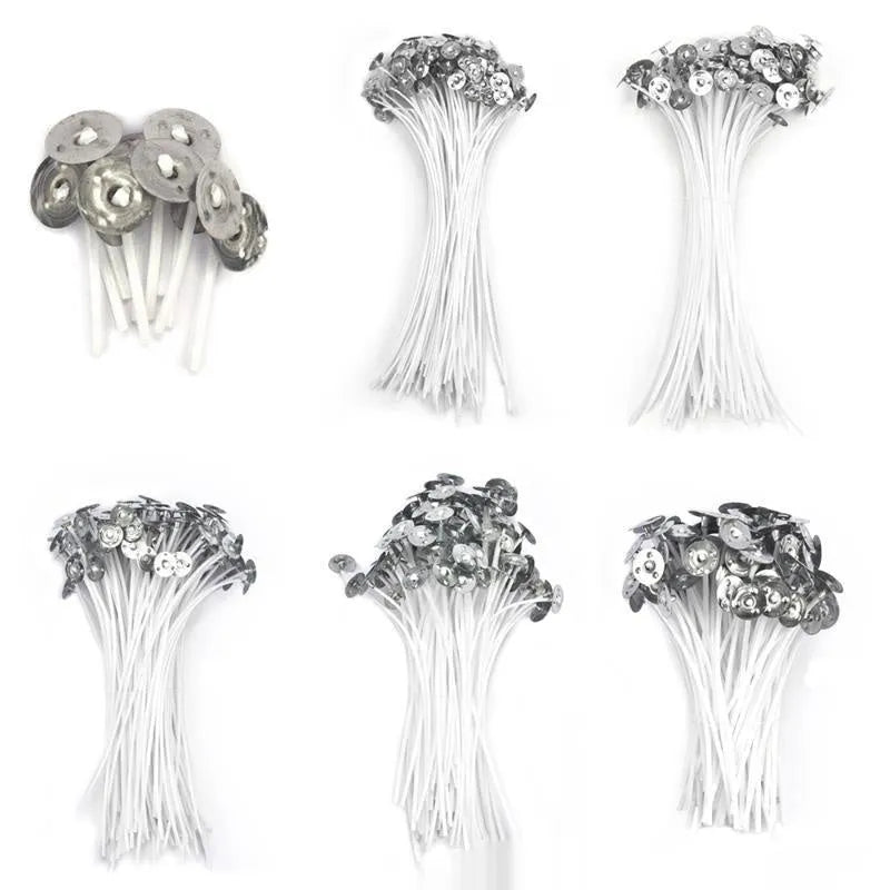 White cotton candle wicks showing three length options: 2.6cm, 6cm and 8cm for DIY candle making