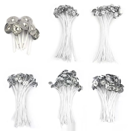 White cotton candle wicks showing three length options: 2.6cm, 6cm and 8cm for DIY candle making