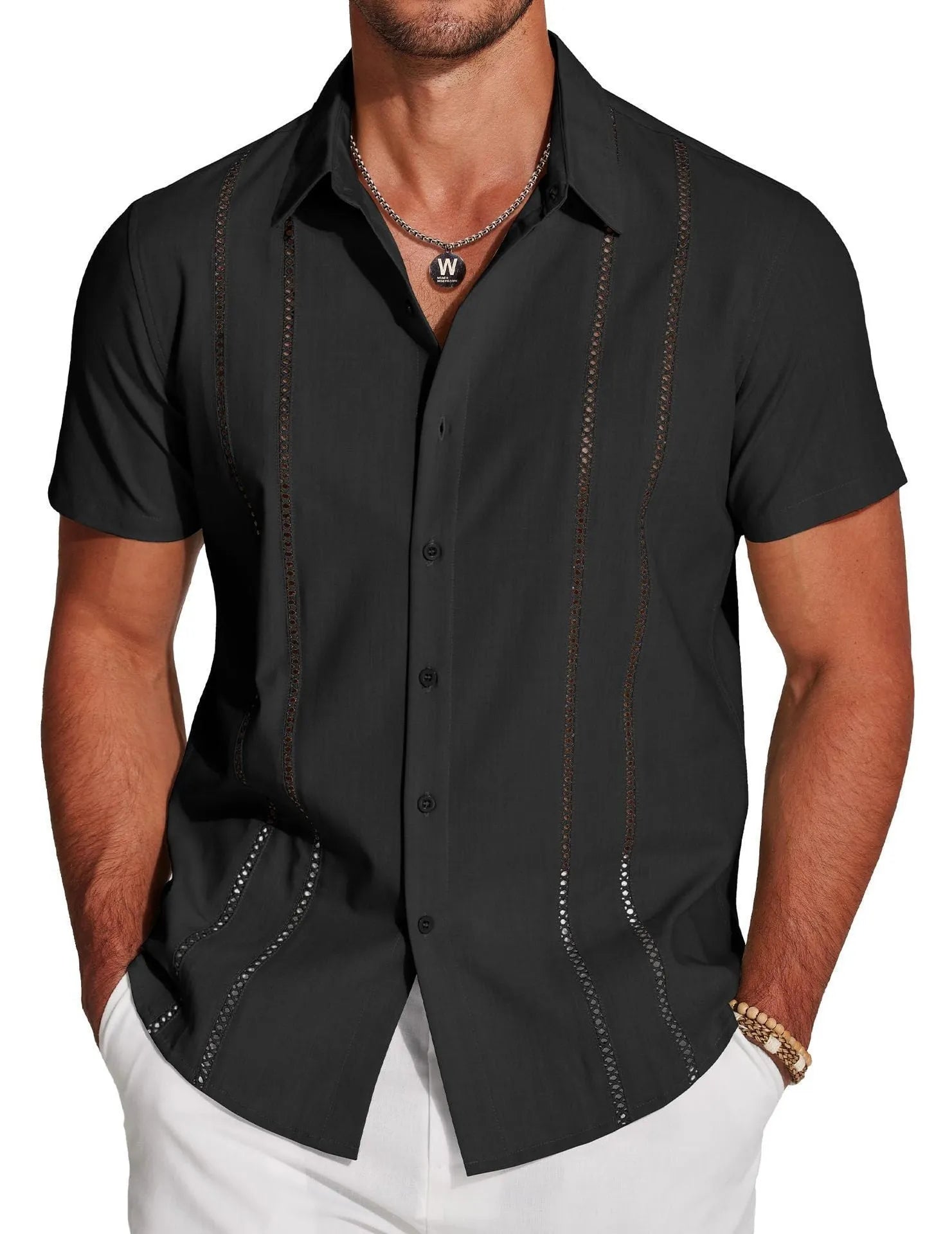 Men's slim fit short sleeve Hawaiian shirt with digital print pattern in stretch polyester fabric.