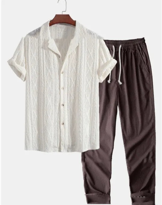 Men's loose fit summer shirt and trousers suit in polyester milk silk fabric available in six colours