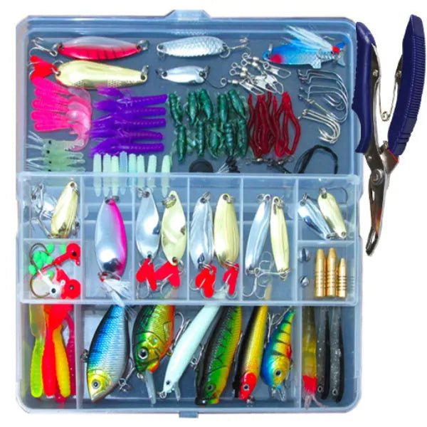 132-piece fishing lure set with soft plastic baits and high carbon steel hooks in rose red treasure colour