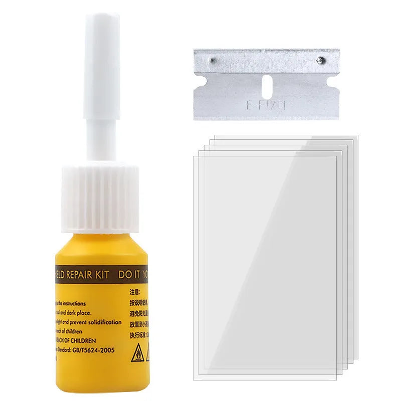 Yellow three-piece car glass repair agent tool set for windshield chip repair
