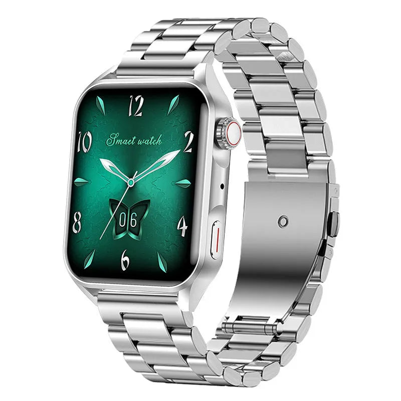 Silver grey smart watch with AMOLED screen and black silicone wrist strap on a wrist.