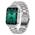 Silver grey smart watch with AMOLED screen and black silicone wrist strap on a wrist.