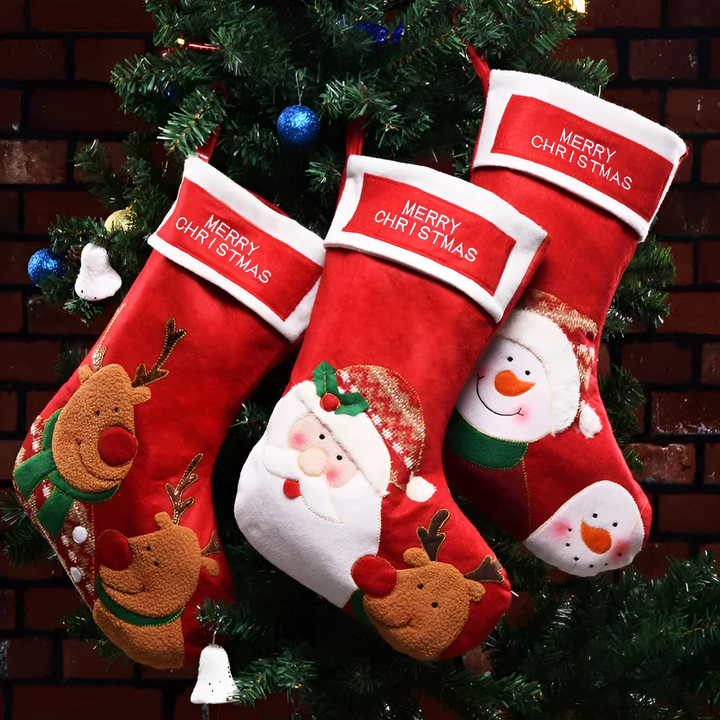Christmas stocking with festive elk, old man, or snowman design made from non-woven fabric