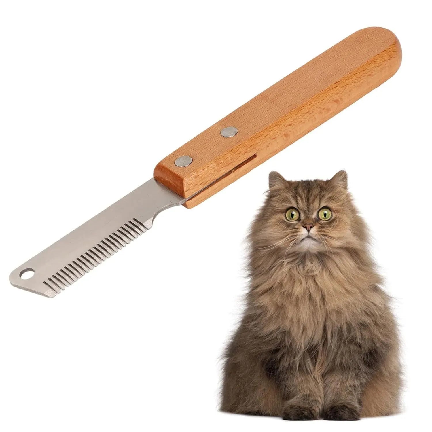 Pet grooming comb with wood handle and metal teeth for removing floating hair from dogs and cats