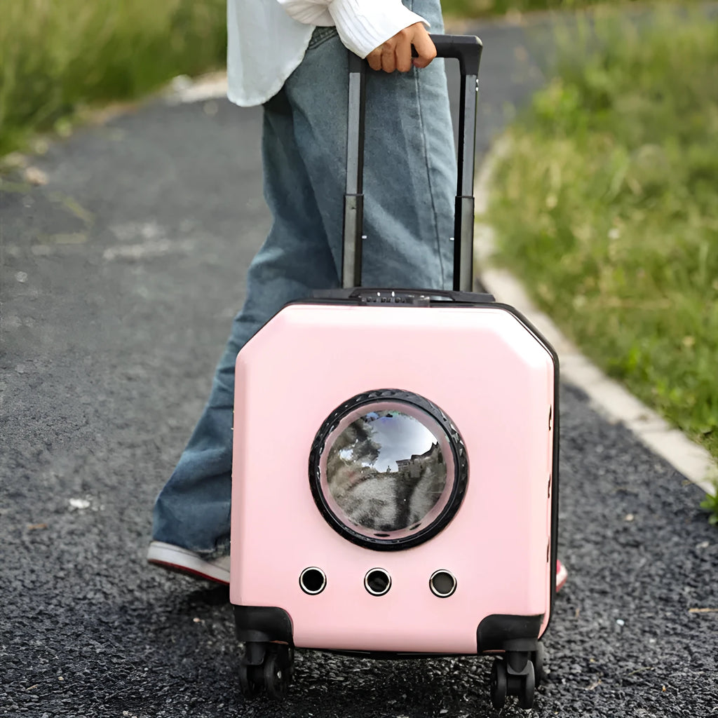 Hard PVC pet flight case in a choice of pink, burgundy, white, or orange colours, showing luggage compartment.