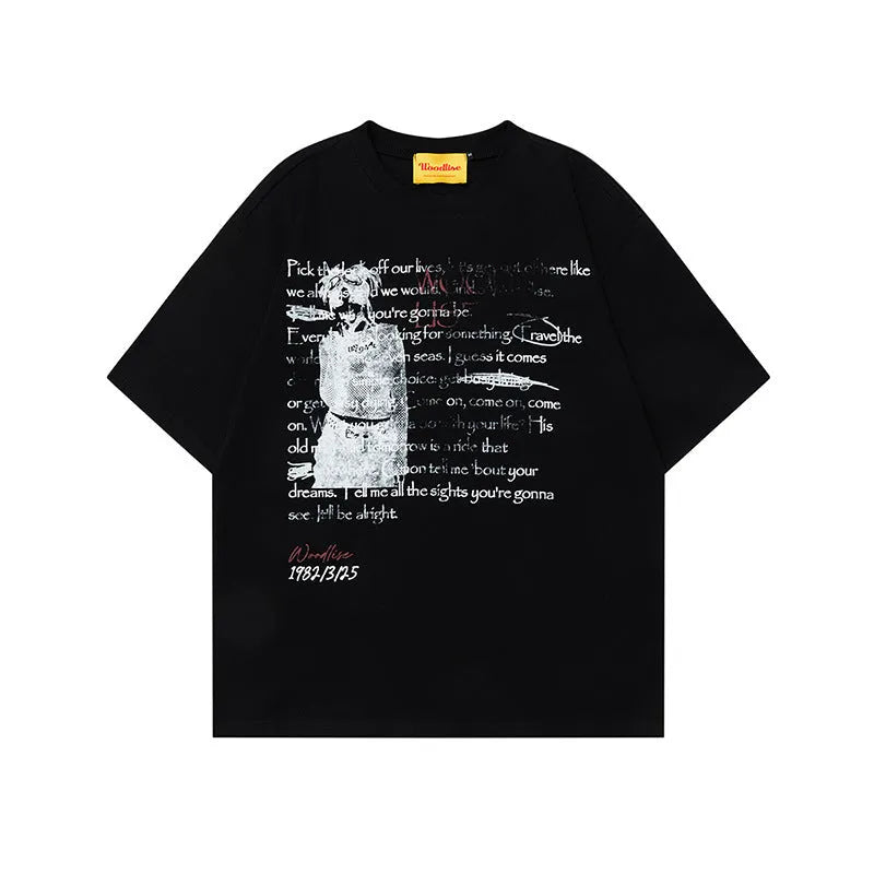 Men's black hip hop style loose fit cotton T-shirt with white printed letter design and raglan sleeves