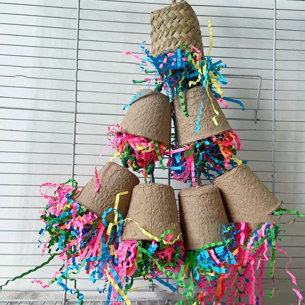 Parrot gnawing toy made from palm weaving with paper cup design and hanging rope